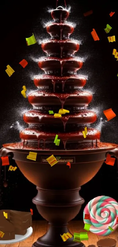 Mobile wallpaper with a chocolate fountain and sweet treats.