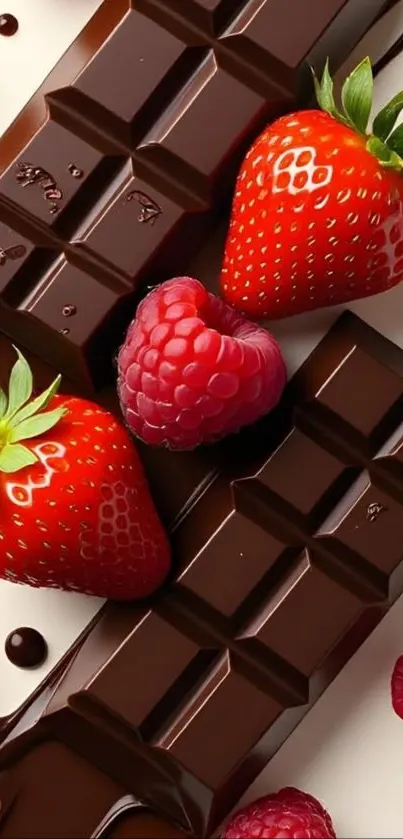 Chocolate bars topped with strawberries and raspberries.