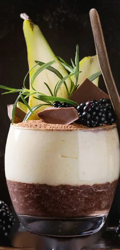 Chocolate dessert with fruits, styled beautifully for wallpaper.