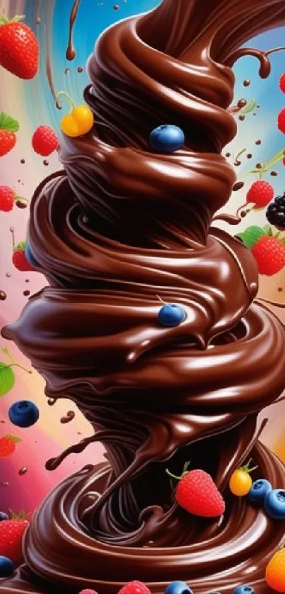 Artistic chocolate swirl with berries wallpaper.