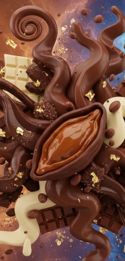Chocolate galaxy with swirling art design, perfect for mobile wallpaper.