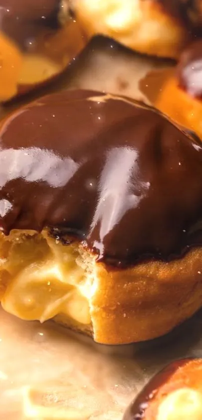 Close-up of a chocolate glazed donut with cream filling.
