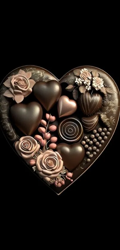 Chocolate heart art with flowers and candy on dark background.