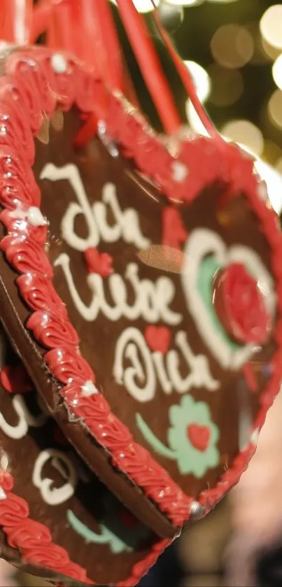 Festive chocolate heart with decorations and vibrant colors in bokeh lights.
