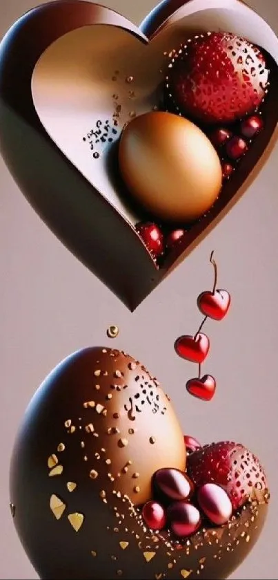 Heart-shaped chocolate with berries art wallpaper.