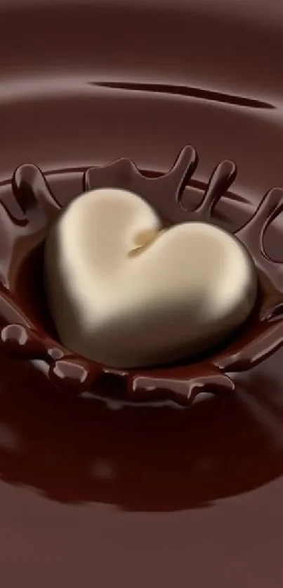 Heart-shaped chocolate splash on dark brown background mobile wallpaper.
