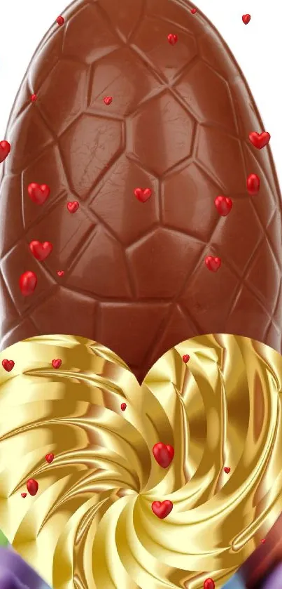 Chocolate egg with golden swirl and hearts wallpaper.