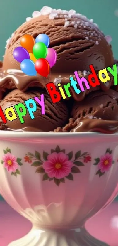 Chocolate ice cream with happy birthday text and balloons in floral bowl.