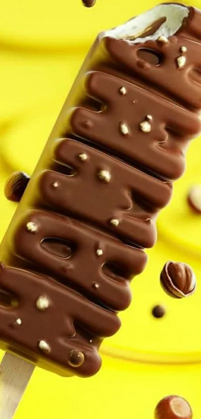 Chocolate ice cream with nuts on yellow background.