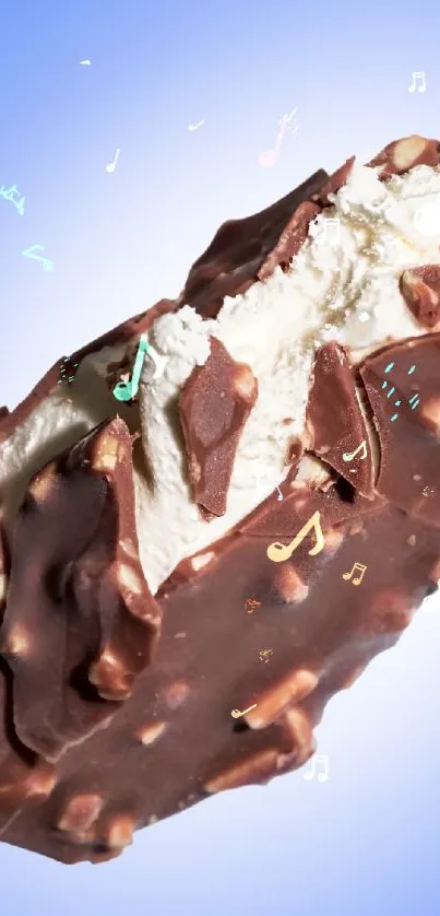 Frozen chocolate ice cream bar with a blue background.
