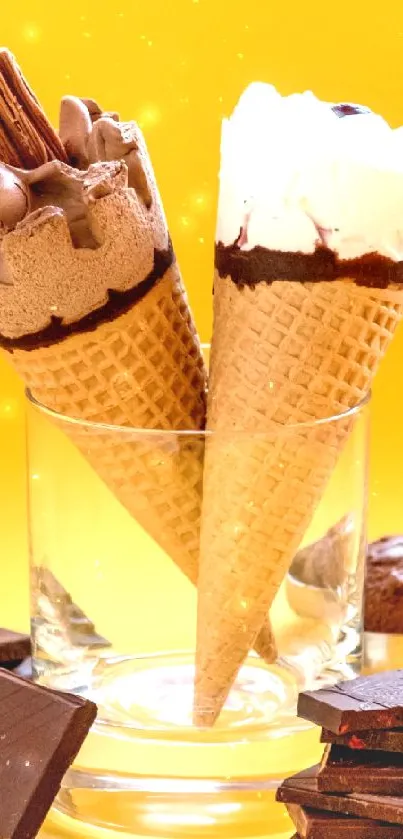 Chocolate and vanilla ice cream cones on a vibrant yellow background.