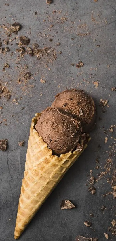 Chocolate ice cream in a waffle cone on a dark rustic background.