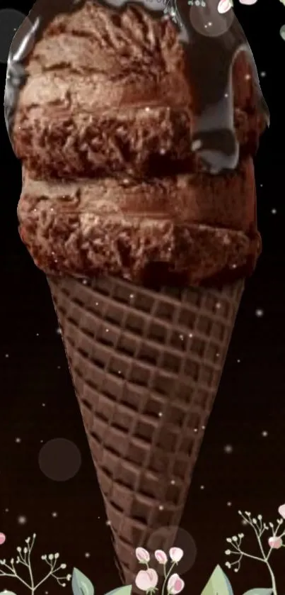 Delicious chocolate ice cream cone with floral and dark background design.