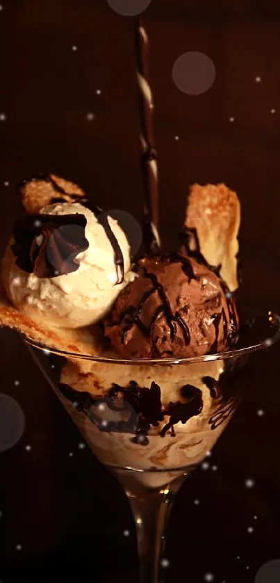 Creamy chocolate and vanilla ice cream in a glass with a dark background.