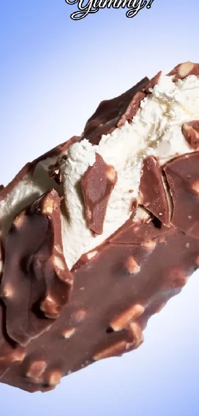 Chocolate ice cream on stick with blue background