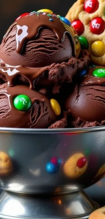 Chocolate ice cream with colorful candy and cookies in a bowl.