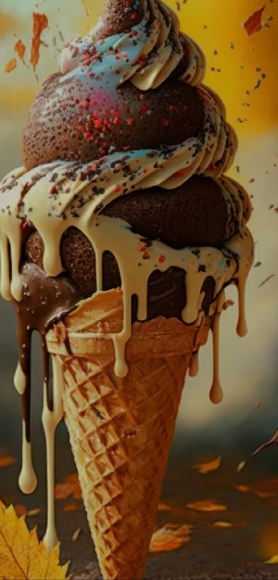 Chocolate ice cream cone with fall leaves background and melted drips.