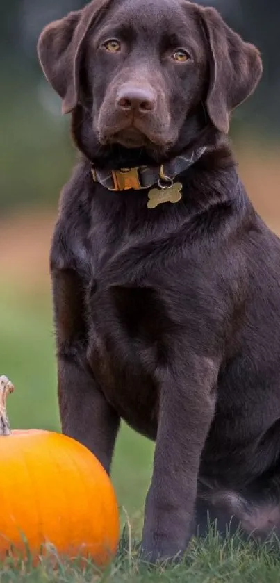 Chocolate Labrador with pumpkin in nature setting.