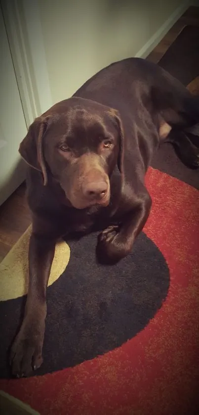Chocolate lab resting on a colorful rug.