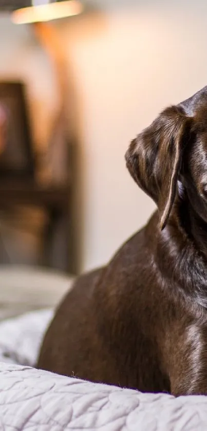 Chocolate Labrador resting on a grey bed in a cozy bedroom.