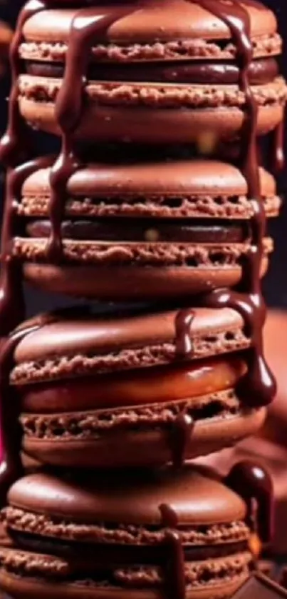 Stack of chocolate macarons with rich drizzle.