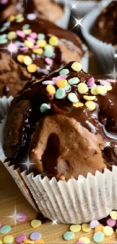 Chocolate cupcake with colorful sprinkles.