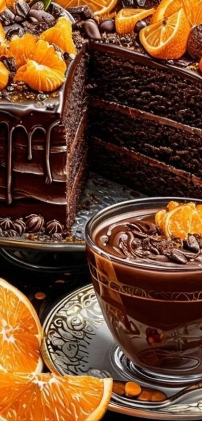 Decadent chocolate cake with orange decor and a matching cup of indulgence.