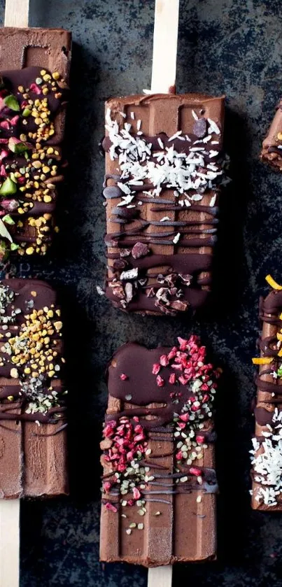 Tempting chocolate popsicles with vibrant toppings on a dark background.