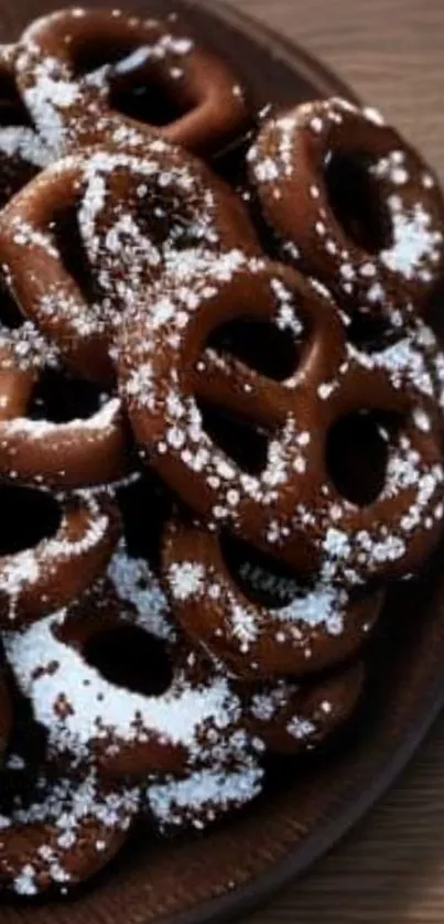 Chocolate pretzels with powdered sugar on a wooden plate.