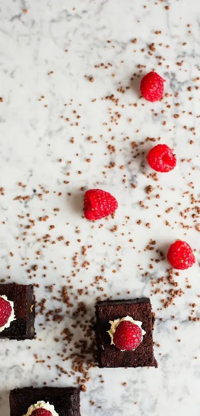 Chocolate cake with raspberries and cream on marble.