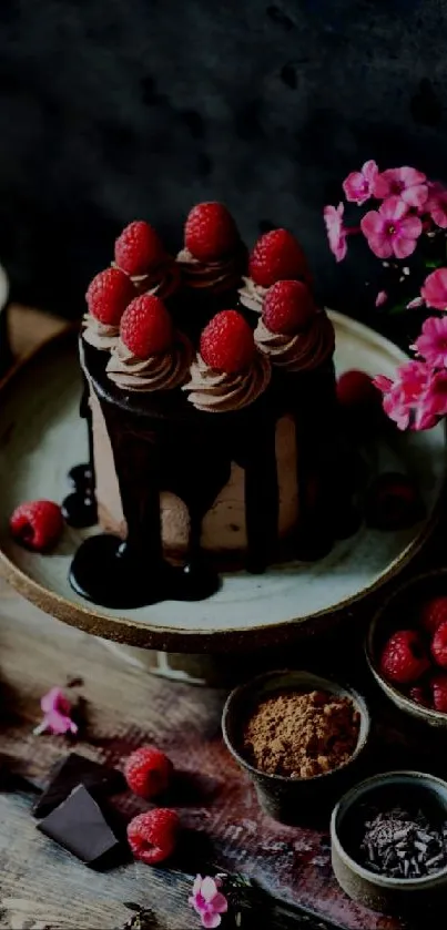 Chocolate raspberry cake with flowers and rustic decor.
