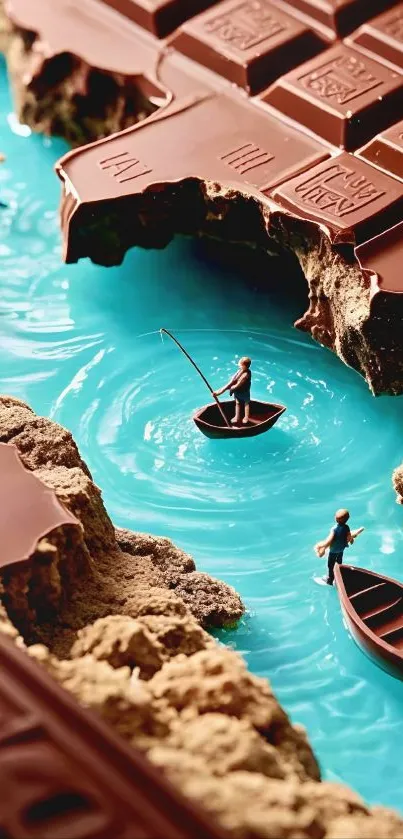 Miniature figures in chocolate river landscape with boats.