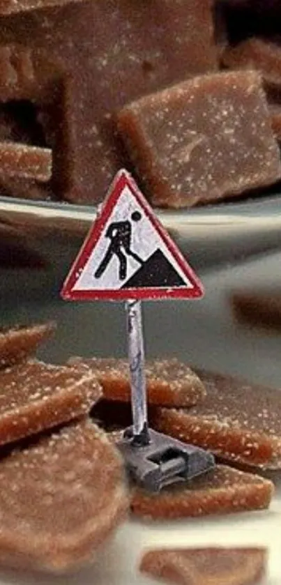 Miniature road work sign with chocolate pieces