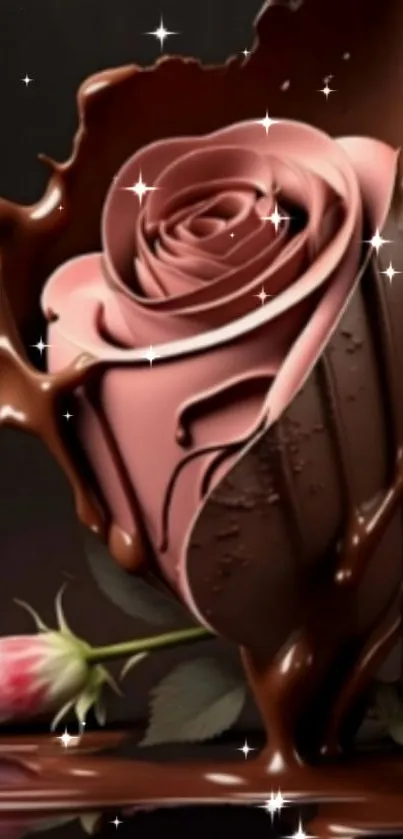 Pink rose wrapped in chocolate with sparkling accents on a dark background.