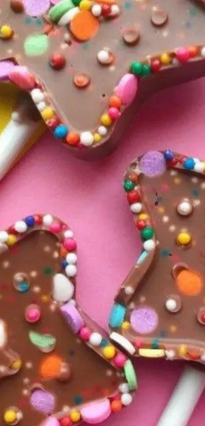 Chocolate star lollipops on pink background with colorful sprinkles.