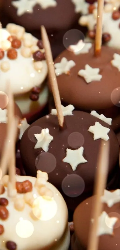 Close-up of star-decorated chocolate donuts with sprinkles.