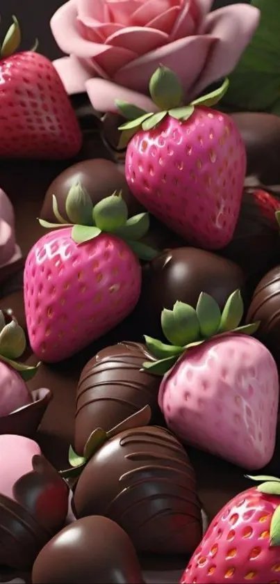 Chocolate-covered strawberries with pink roses.