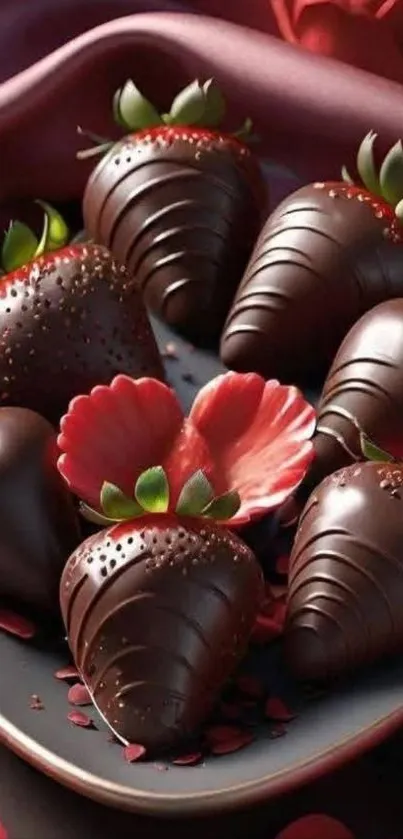 Plate of chocolate-dipped strawberries with vibrant petals.