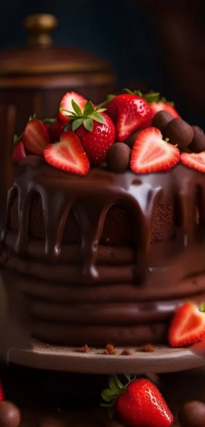 Decadent chocolate cake with strawberries on top, perfect for dessert wallpaper.