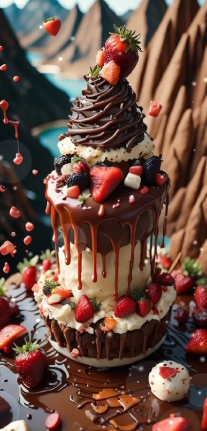 Chocolate cake with strawberries and mountains in the background.
