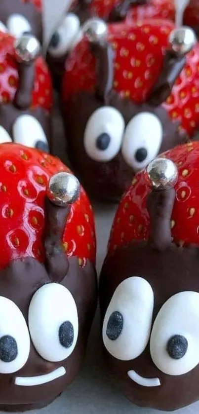 Cute chocolate-covered strawberry characters with eyes and red tops.