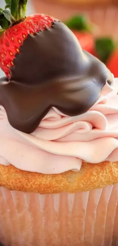 Chocolate-covered strawberry on pink frosted cupcake.