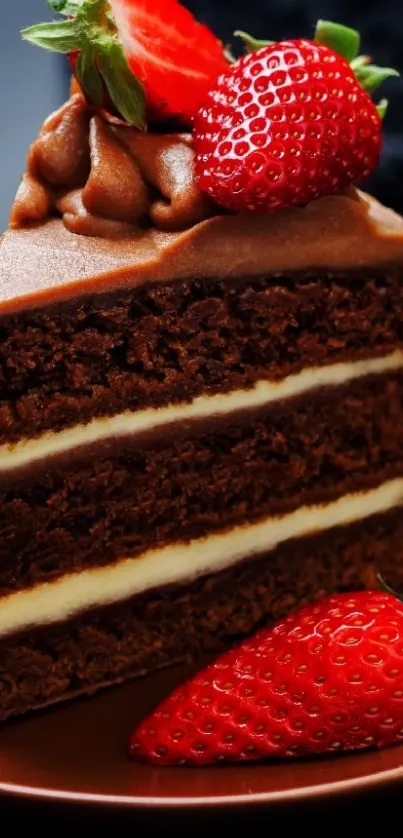 Delicious chocolate cake slice with strawberries.