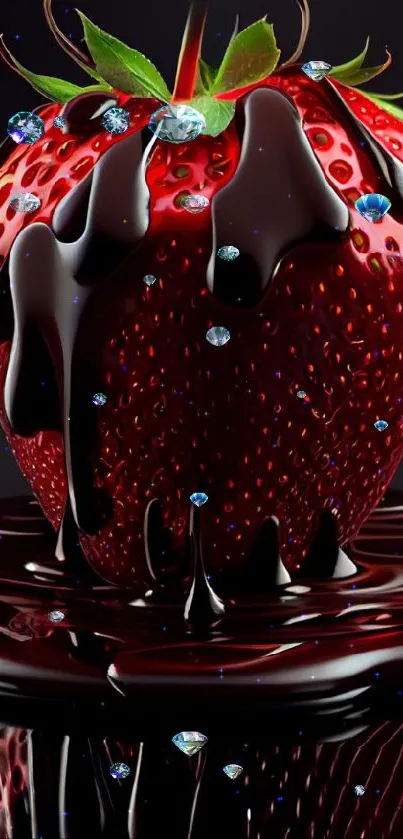 A luscious strawberry draped in chocolate on a dark background.