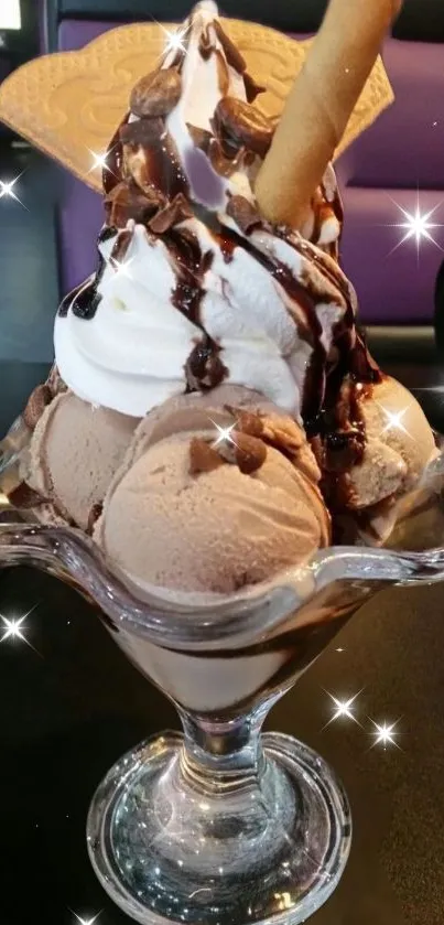 Decadent chocolate sundae with toppings in a glass.