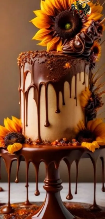 Tall chocolate cake with sunflowers and artistic drips on a brown background.