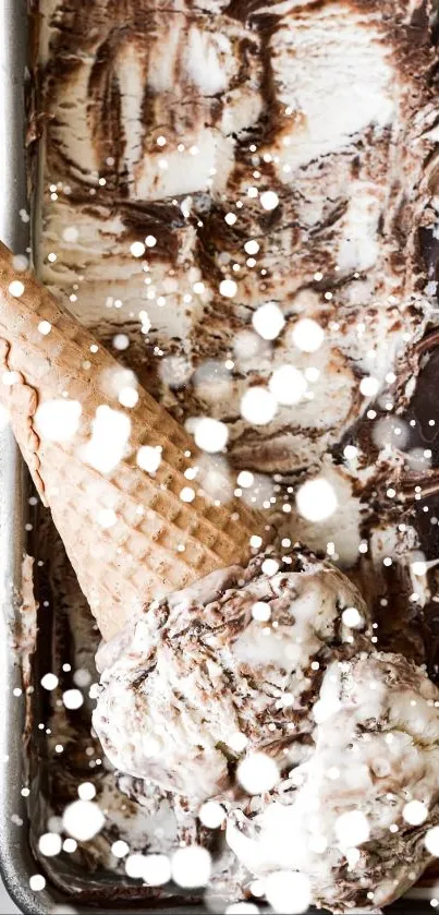Chocolate swirl ice cream in a waffle cone on a tray.