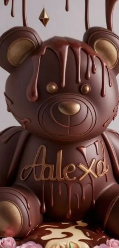 Chocolate teddy bear with intricate design and dripping effect.