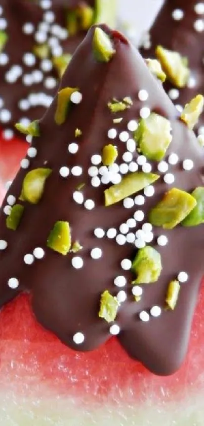 Chocolate-dipped watermelon with pistachios.