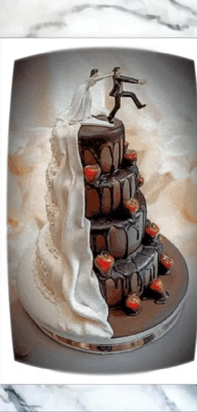 Wedding cake wallpaper with chocolate layers and whimsical couple topper.